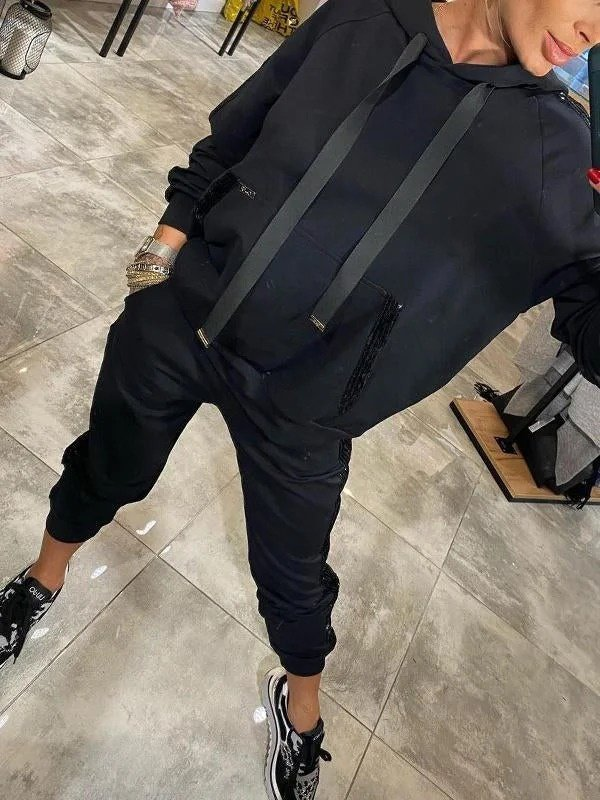 Kadın Uzun Kollu Kapşonlu Pulpayet Detay Viskon Iki Iplik Bluz Ve Pantolon Ikili Takım , 30829