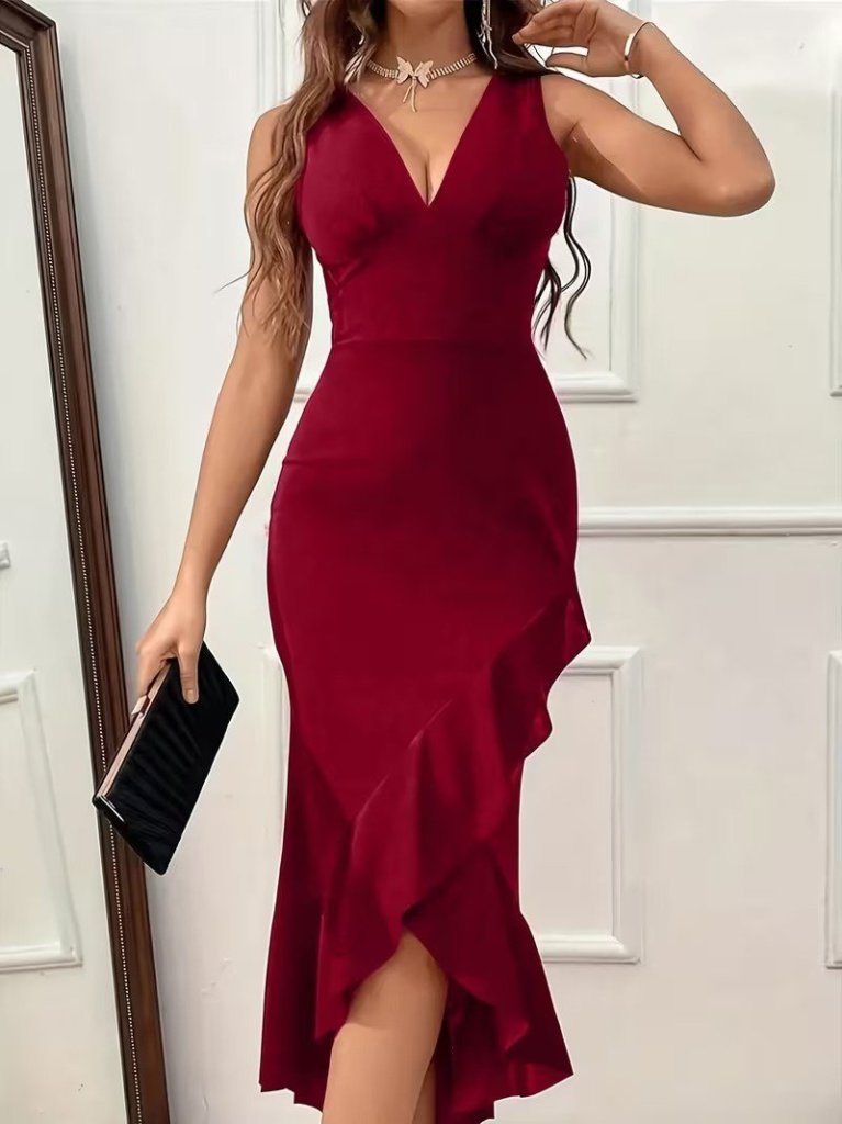 Kadın Askılı Kruvaze Yakalı önden Fırfırlı Uzun Ithal Krep Elbise, 30767