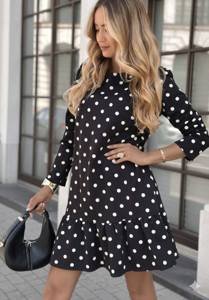 Kadın Uzun Kollu Bisiklet Yaka Fırfırlı Puantiyeli Kısa Modal Elbise, 28791