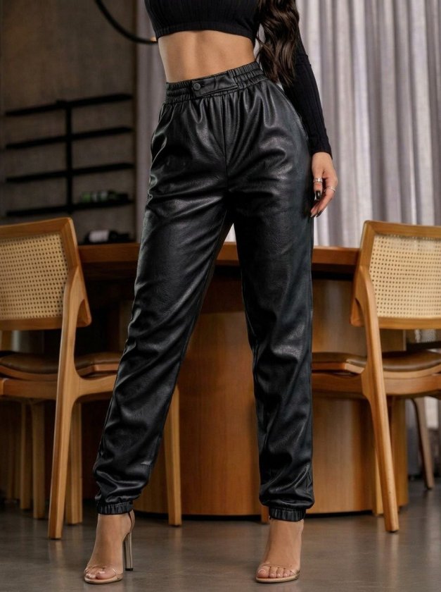 Kadın Yüksek Bel Lastikli önü Düğmeli Deri Pantolon , 29403