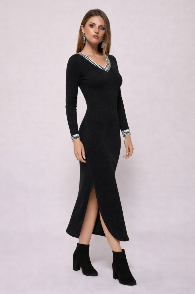 Kadın Uzun Kollu V Yakalı Yanlardan Yırtmaçlı Uzun Viskon Iki Iplik Elbise, 29668