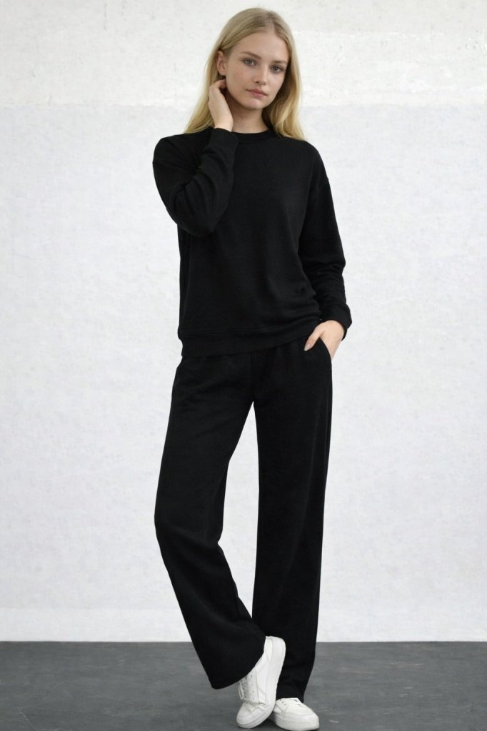 Kadın Uzun Kollu Bisiklet Yaka Viskon Iki Iplik Bluz Ve Pantolon Ikili Takım , 30034