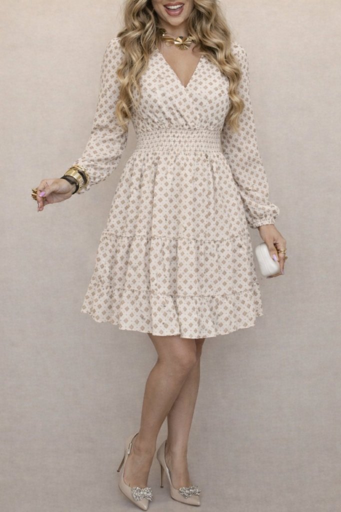 Kadın Uzun Kollu Kruvaze Yaka Desenli Mini Modal Elbise , 29807