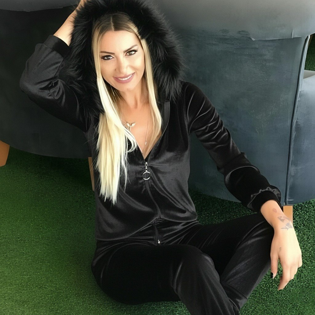 Kadın Uzun Kollu önden Fermuarlı Kapşon Tüy Detaylı Kadife Bluz Ve Pantolon Ikili Takım , 30960