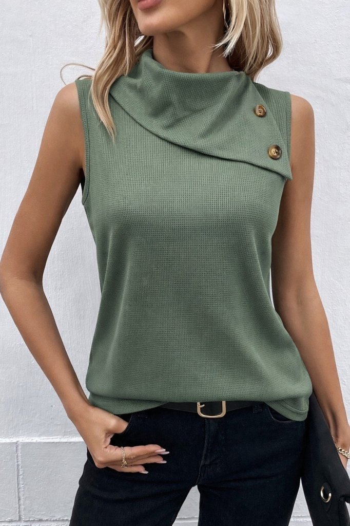 Kadın Kolsuz Asimetrik Düğmeli Yaka Waffle Bluz , 30964