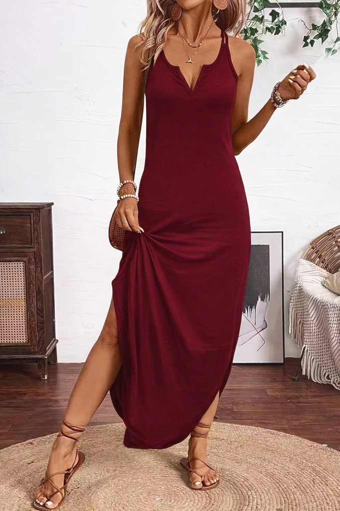Kadın Askılı V Yakalı Yandan Yırtmaçlı Uzun Viskon Elbise , 30988