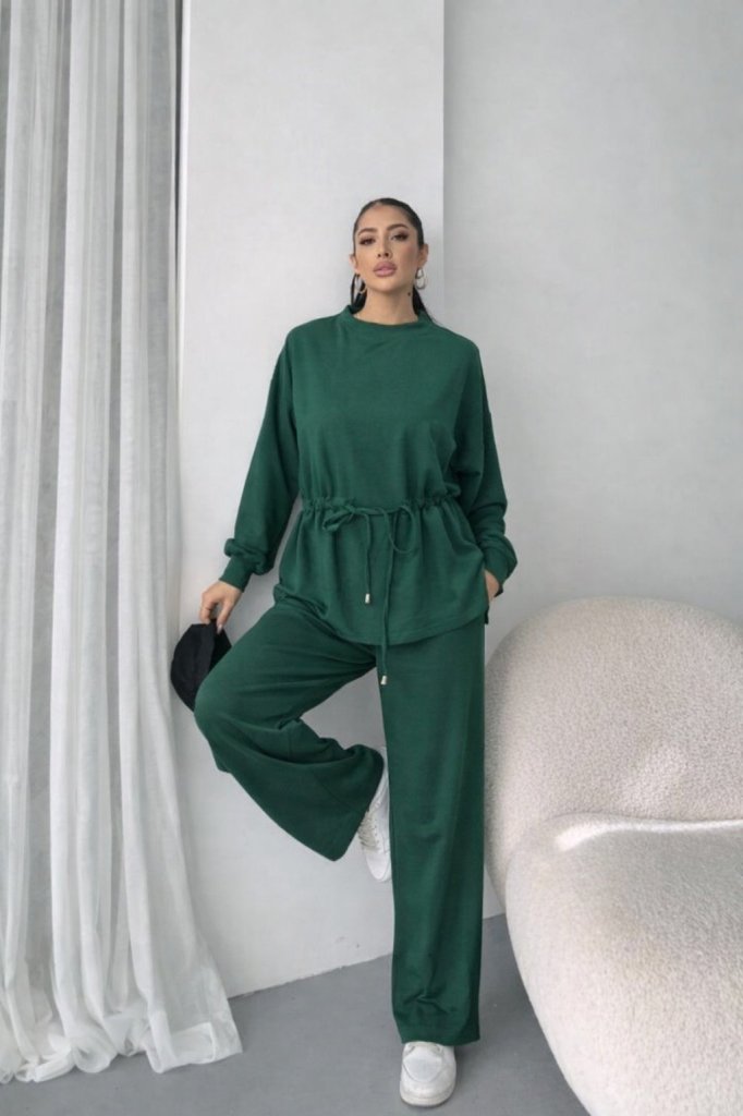 Kadın Uzun Kollu Bisiklet Yaka Belden Büzgülü Bağcıklı Viskon Iki Iplik Bluz Ve Pantolon Ikili Takım , 30428