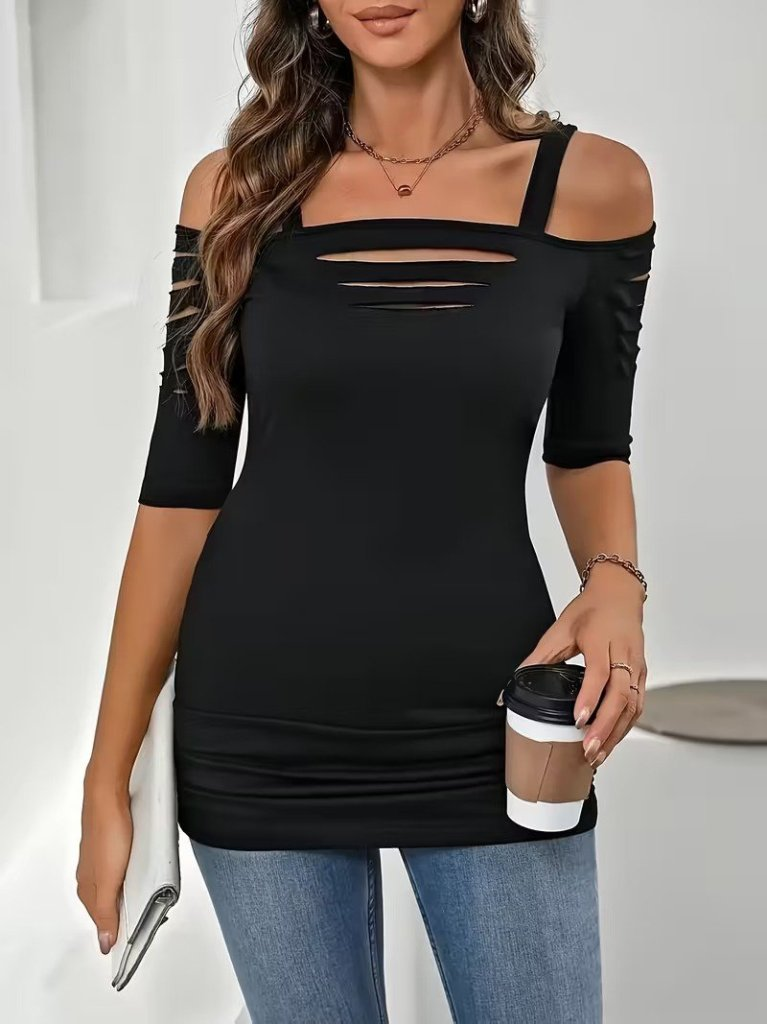 Kadın Omuzlardan Açık Askılı Lazer Kesim Detaylı Viskon Bluz, 31037