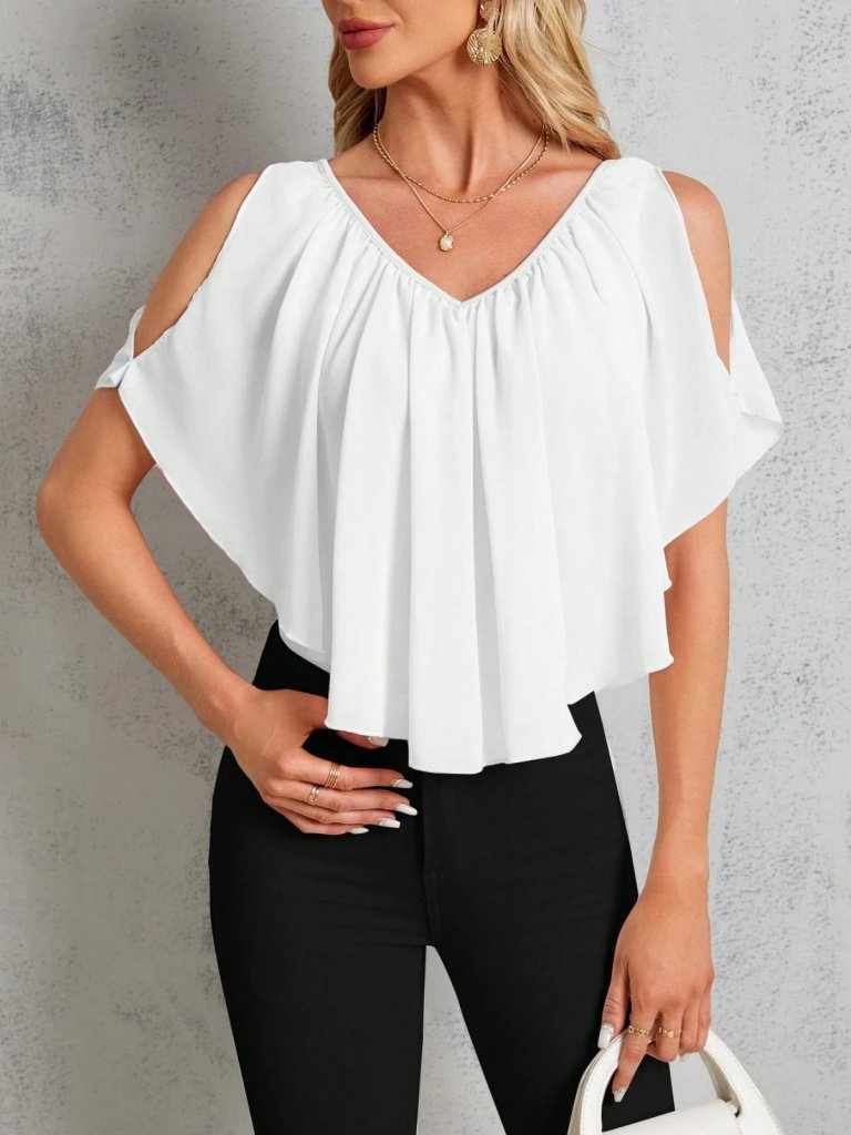 Kadın Kısa Kollu V Yakalı Omuzlardan Açık Salaş şifon Bluz, 31055