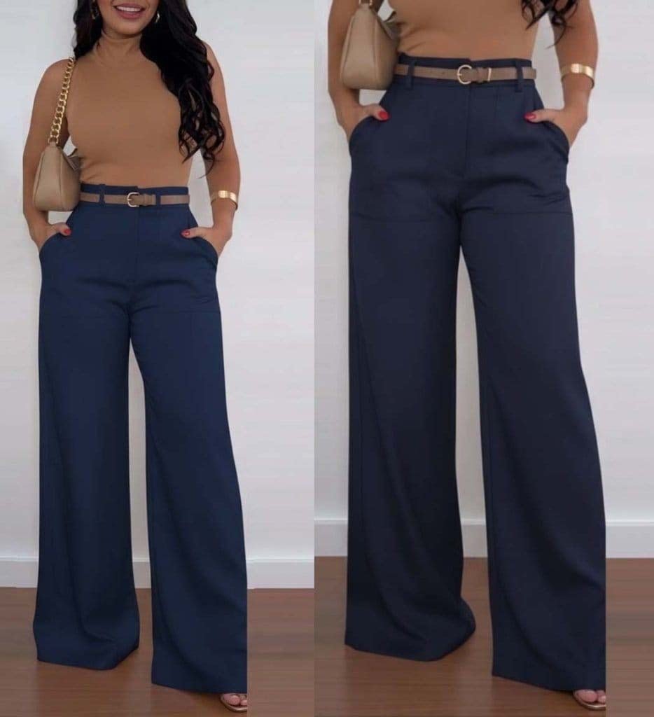 Kadın Yüksek Bel Geniş Paça Detaylı Cepli Ithal Krep Pantolon , 31066