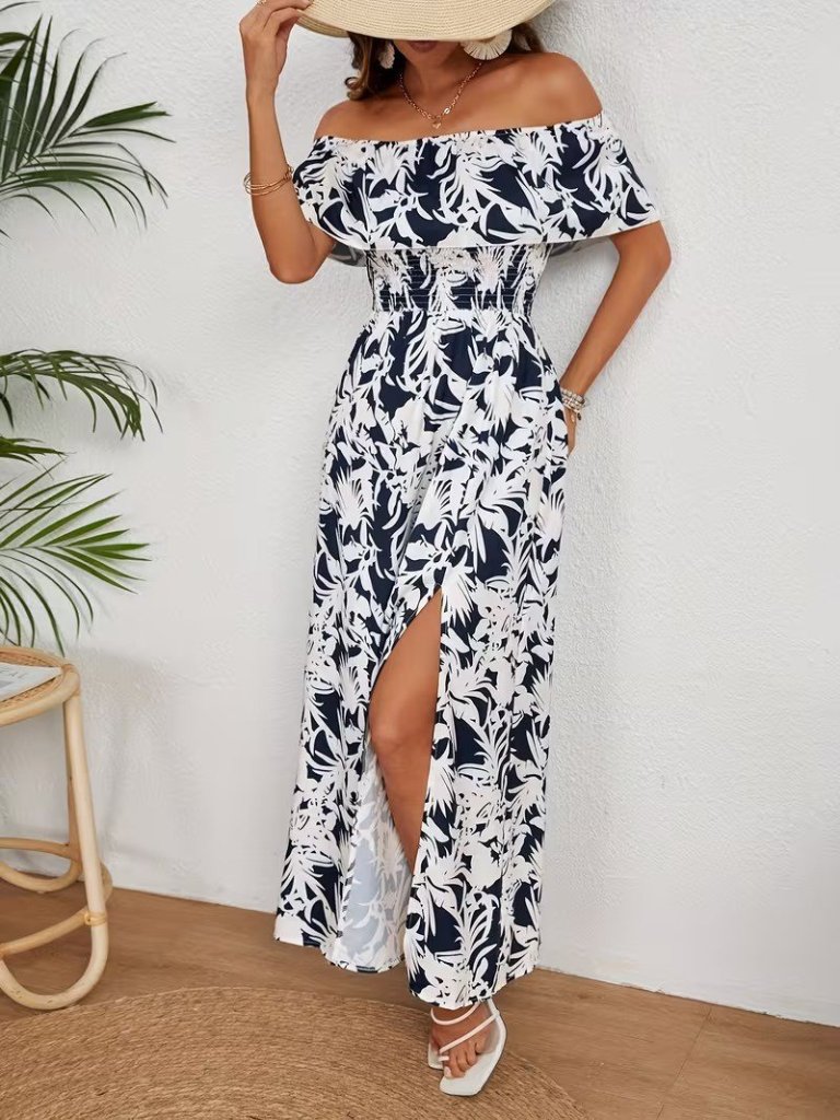 Kadın Omuzlardan Açık Madonna Yaka çiçek Desenli Yırtmaçlı Uzun Süprem Elbise , 31087