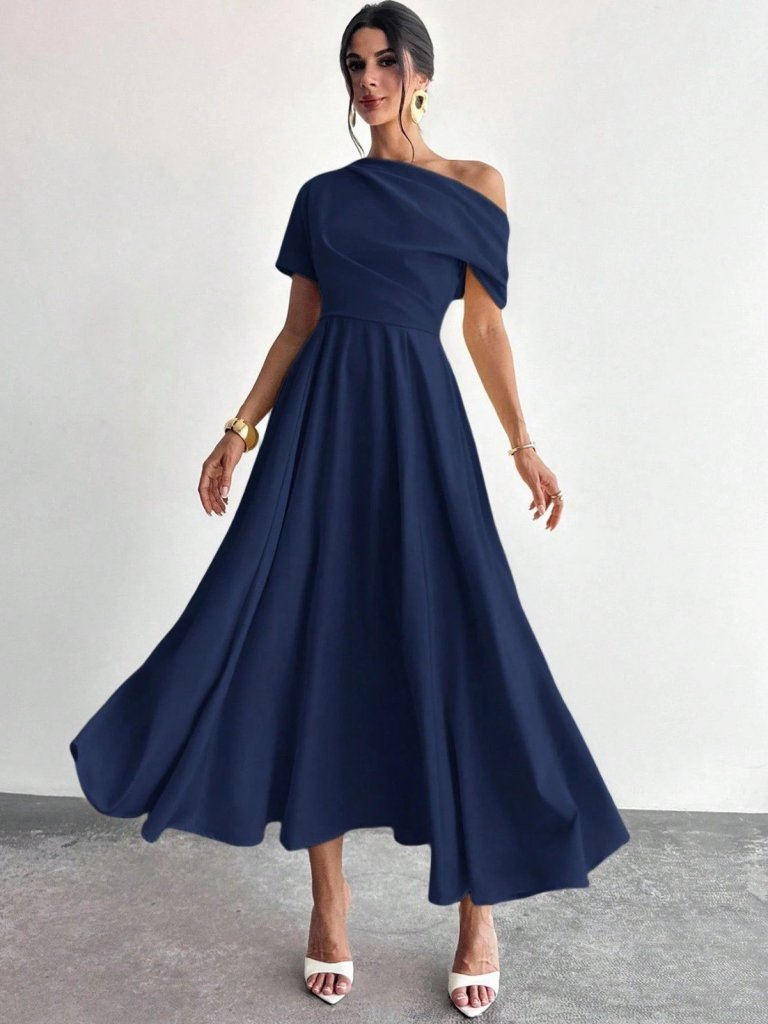 Kadın Omuzdan Açık Kısa Kollu Omuzdan Pileli Uzun Janjan Krep Elbise, 32979