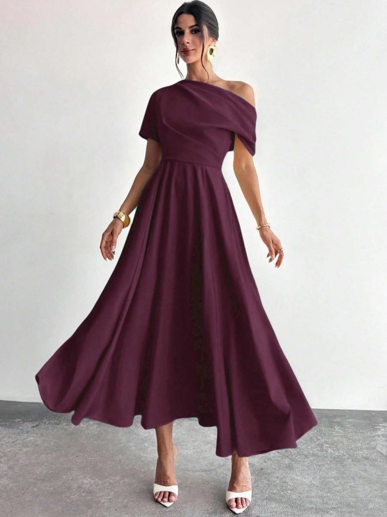 Kadın Omuzdan Açık Kısa Kollu Omuzdan Pileli Uzun Janjan Krep Elbise, 31120