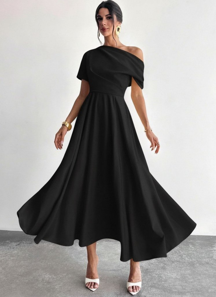 Kadın Omuzdan Açık Kısa Kollu Omuzdan Pileli Uzun Janjan Krep Elbise, 31121