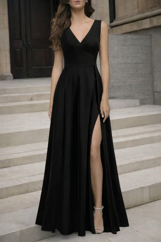 Kadın Askılı Kruvaze Yakalı Yırtmaçlı Geniş A Kesim Detaylı Uzun Ithal Krep Elbise , 31129