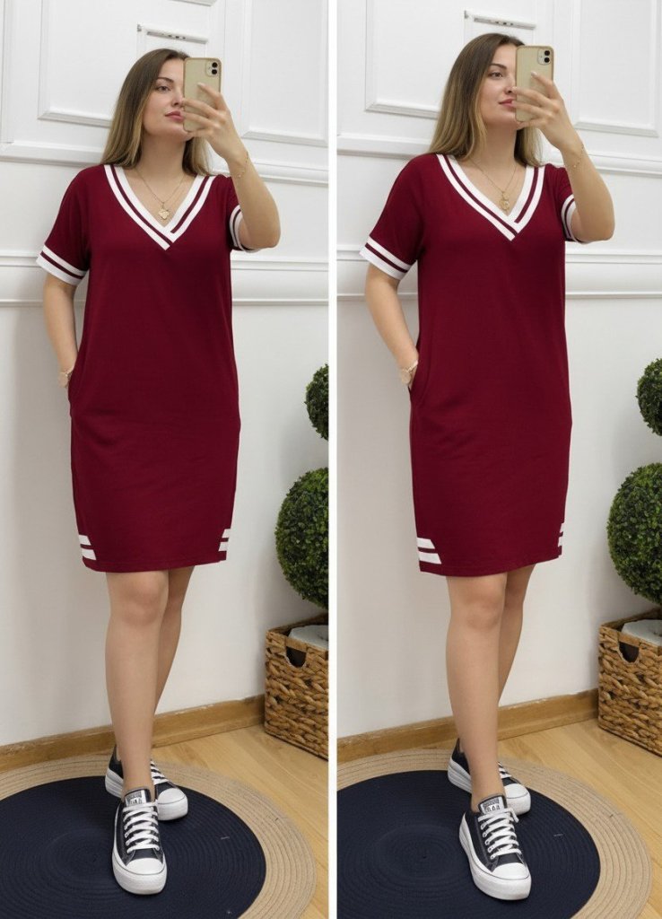 Kadın Kısa Kollu V Yaka Ribana Detaylı Cepli Dizüstü Viskon Elbise, 31196