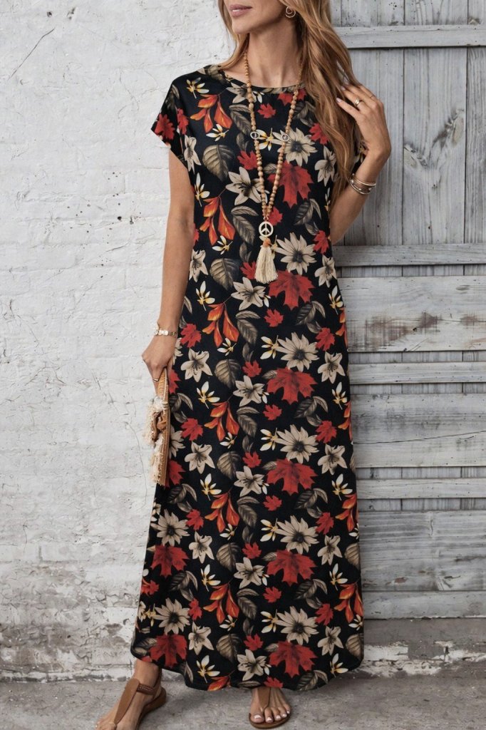 Kadın Kısa Kollu Bisiklet Yaka çiçek Desenli Uzun Süprem Elbise , 31168