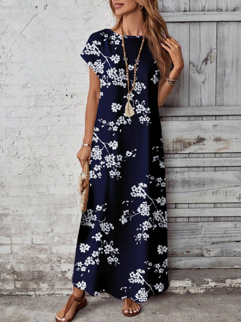 Kadın Kısa Kollu Bisiklet Yaka çiçek Desenli Uzun Süprem Elbise , 31169