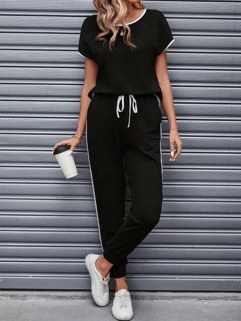 Kadın Kısa Kollu Yuvarlak Yakalı şerit Detaylı Viskon Iki Iplik Bluz Ve Pantolon Ikili Takım , 31177