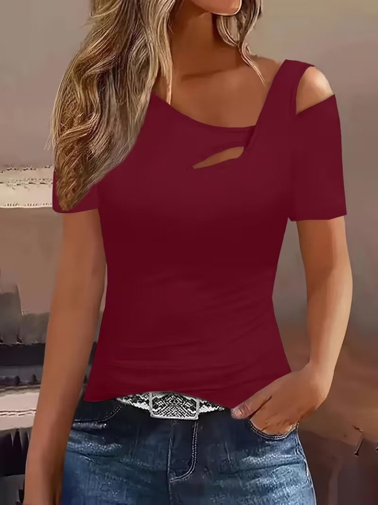 Kadın Kısa Kollu Asimetrik Yaka Detaylı Viskon Bluz, 31271