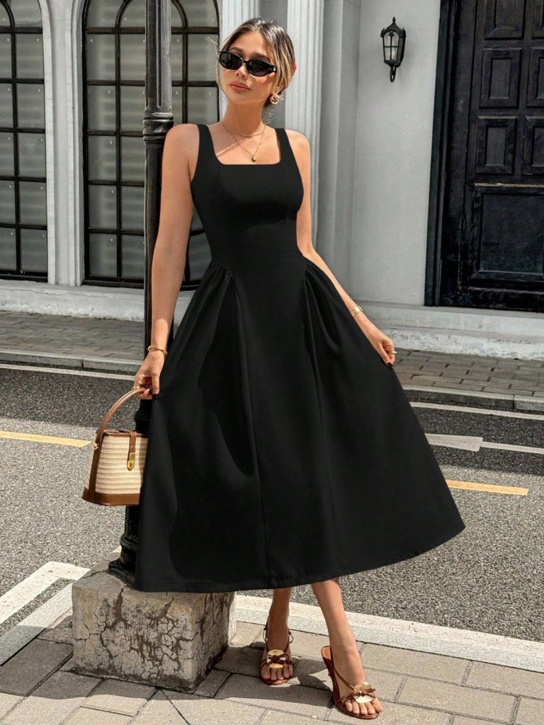 Kadın Askılı Kare Yakalı Uzun Ithal Krep Elbise, 31283