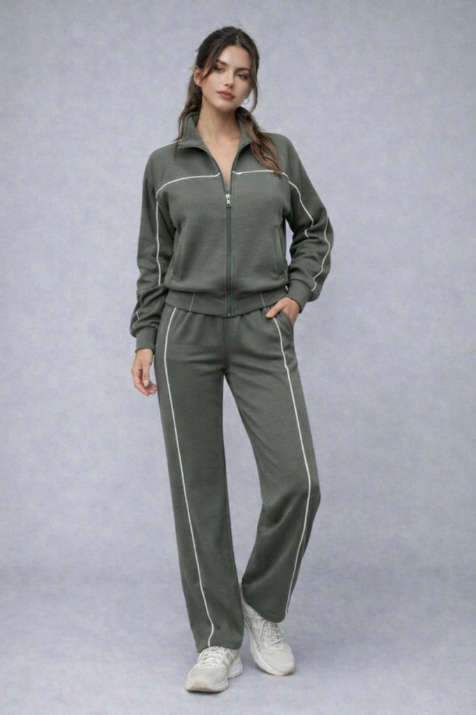 Kadın Uzun Kollu önden Fermuarlı Bluz Ve Pantolon Modal Ikili Takım , 31310