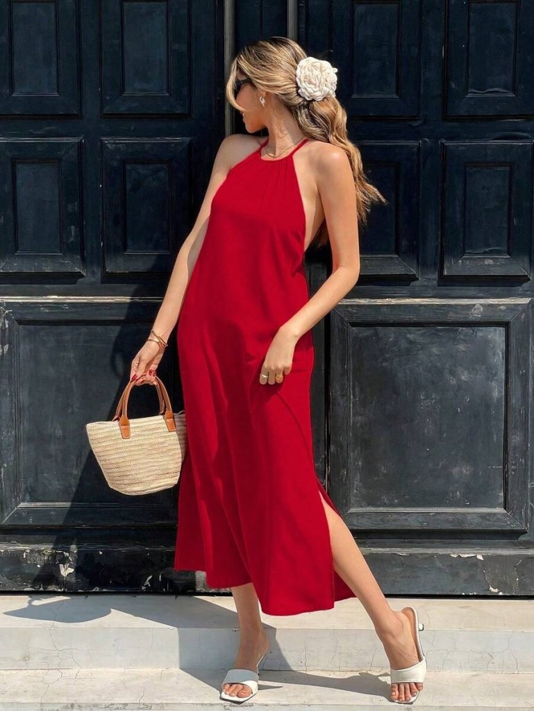 Kadın Omuzlardan Açık Boyundan Bağlamalı Arkası çapraz Detaylı Uzun Viskon Elbise , 31337