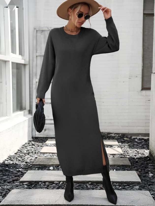 Kadın Uzun Kollu Bisiklet Yaka Yırtmaç Detay Triko Midi Boy Elbise, 19943