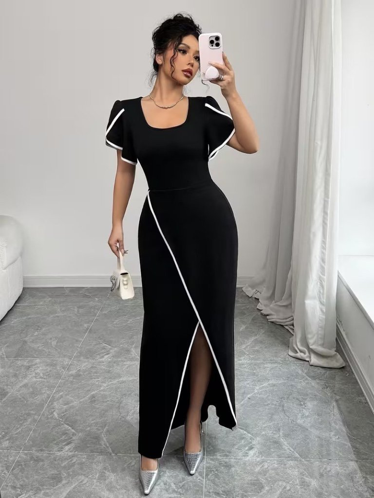 Kadın Kısa Kollu Kare Yakalı önden çapraz Kesim Detaylı Krep Elbise , 31400