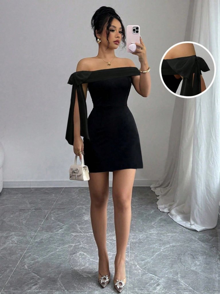 Kadın Madonna Yakalı Kurdela Detaylı Kısa Ithal Krep Elbise, 31411