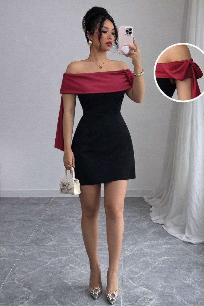 Kadın Madonna Yakalı Kurdela Detaylı Kısa Ithal Krep Elbise, 31413