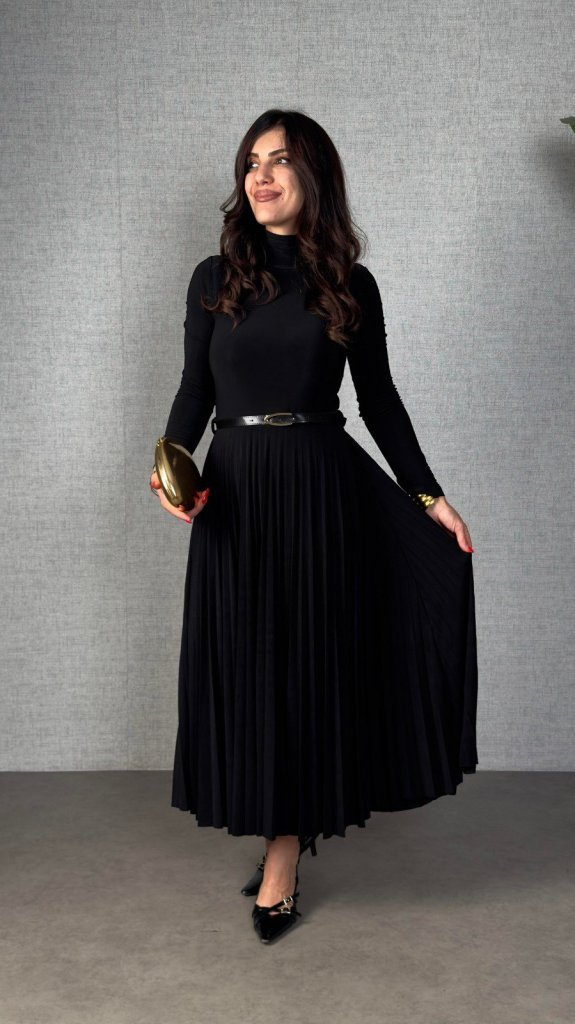 Kadın Uzun Kollu Balıkçı Yaka Kemersiz Pileli Uzun Sandy Elbise , 31494