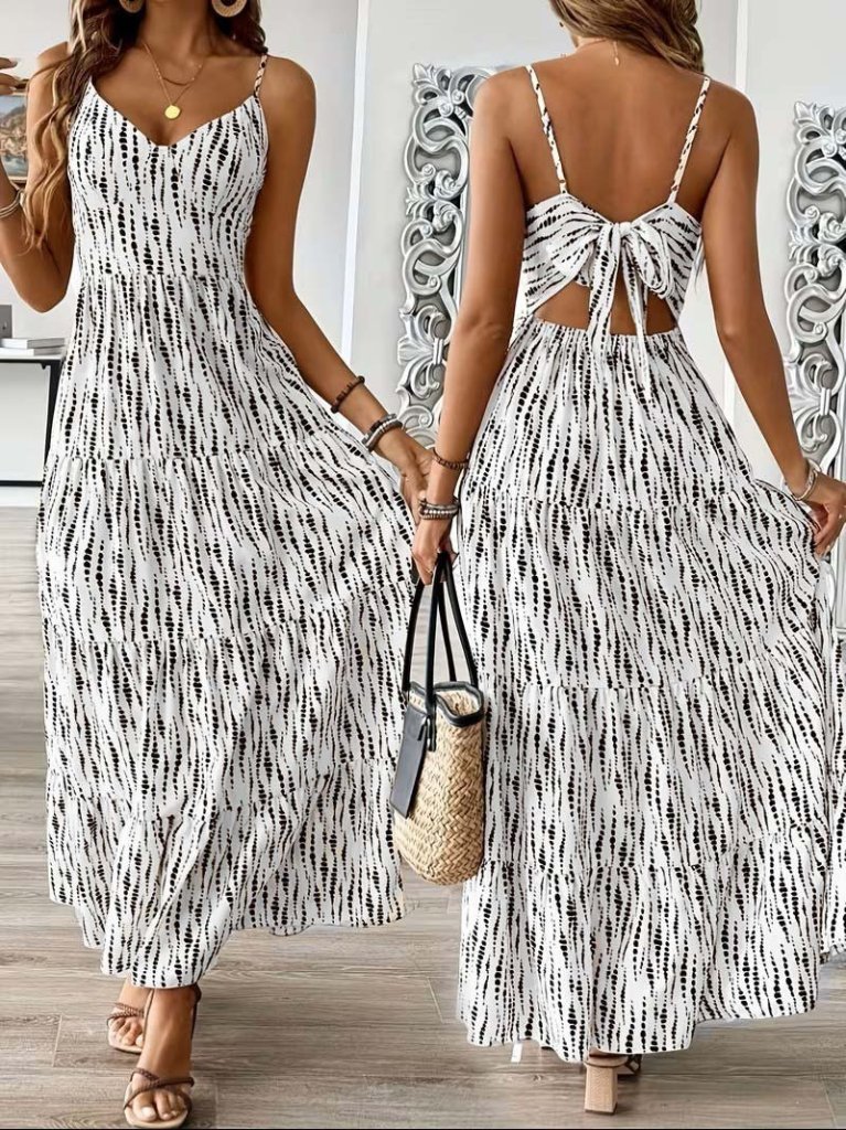 Kadın Askılı V Yakalı Arkadan Bağlamalı Uzun Süprem Elbise , 31498