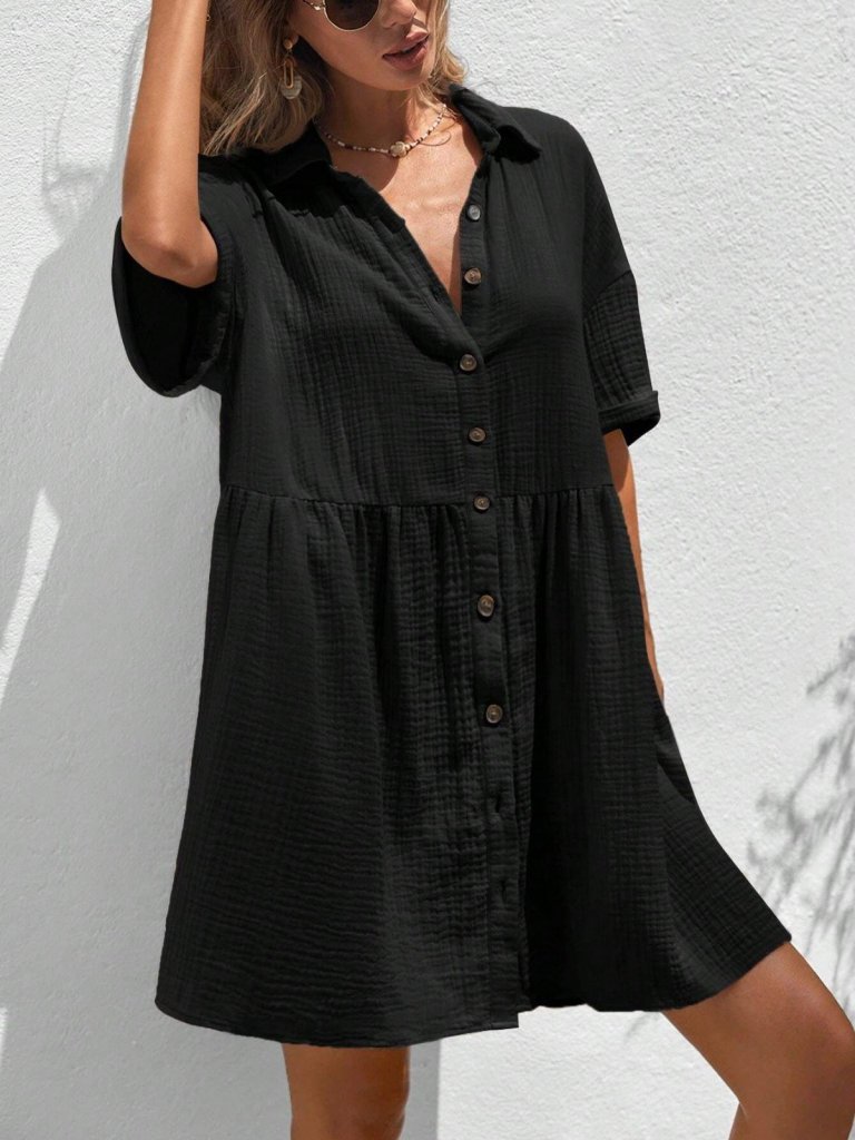 Kadın Kısa Kollu Yakalı önden Düğmeli Kısa Bürümcük Elbise, 31542