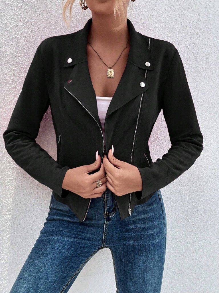 Kadın Uzun Kollu Yakalı önden Fermuarlı Kısa Süet Ceket, 31547