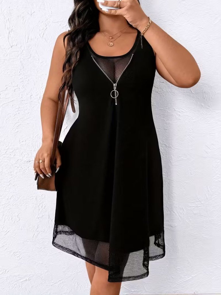 Kadın Askılı Yuvarlak Yaka Fermuarlı Tül Detaylı Kısa Viskon Elbise , 31555