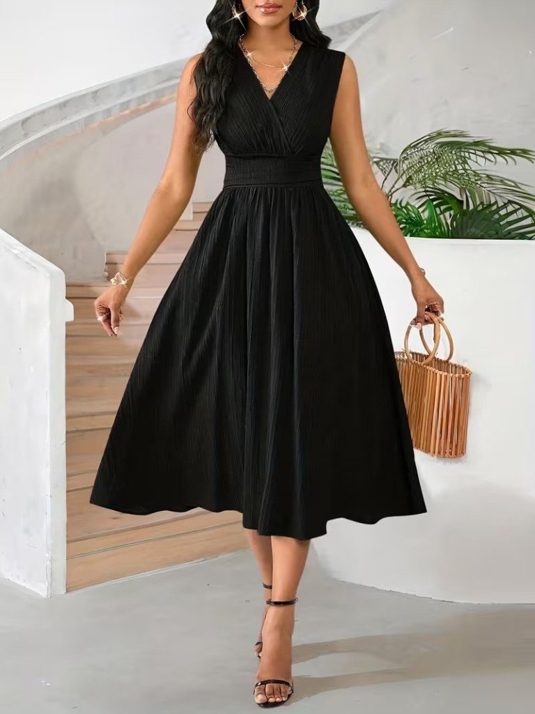 Kadın Askılı Kruvaze V Yakalı Beli Lastikli  Midi Bürümcük Elbise, 31605