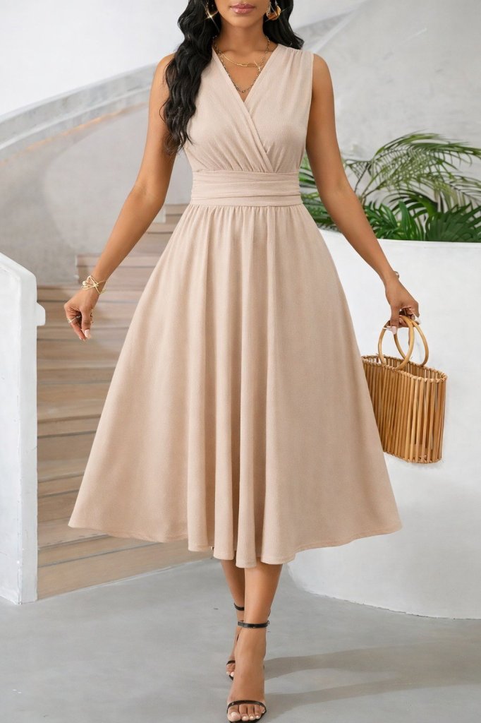 Kadın Askılı Kruvaze V Yakalı Beli Lastikli  Midi Bürümcük Elbise, 31607