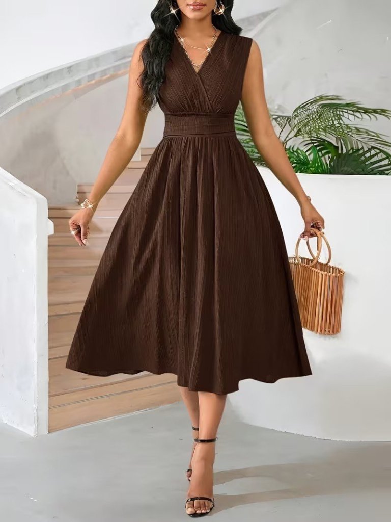 Kadın Askılı Kruvaze V Yakalı Beli Lastikli  Midi Bürümcük Elbise, 31608