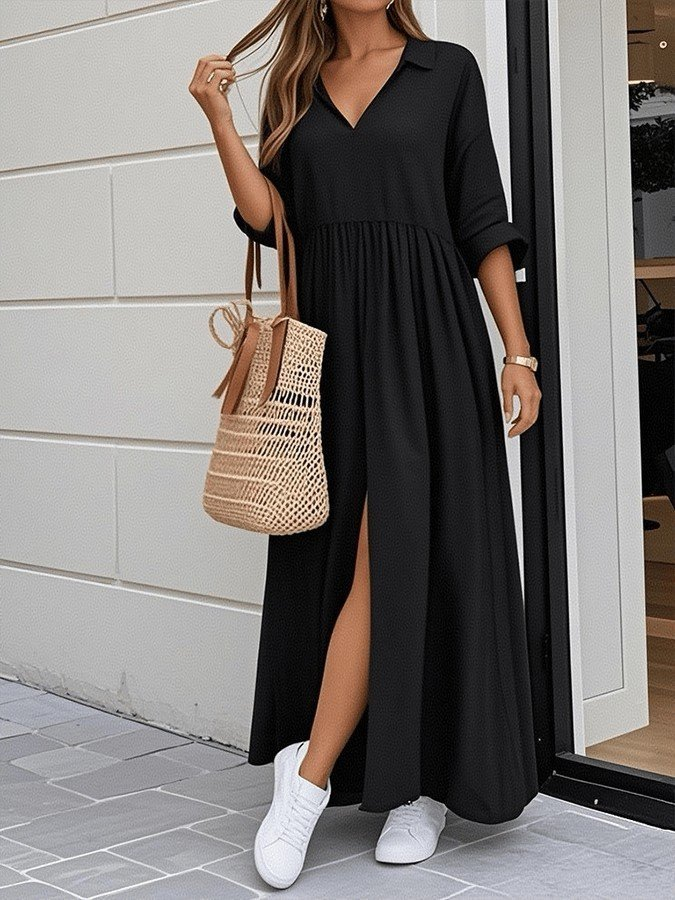 Kadın Truvakar Kollu V Yakalı Yırtmaçlı Uzun Aerobin Elbise, 31612