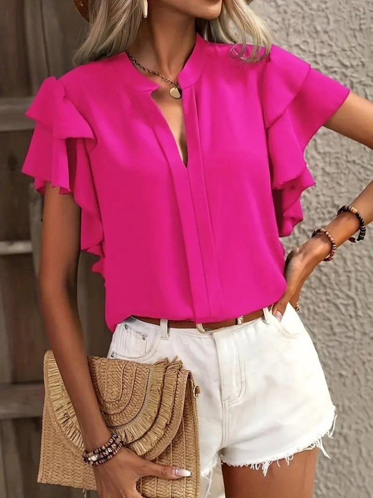 Kadın Kısa Kollu V Hakim Yaka Kolları Fırfırlı Dubai Bluz, 31616