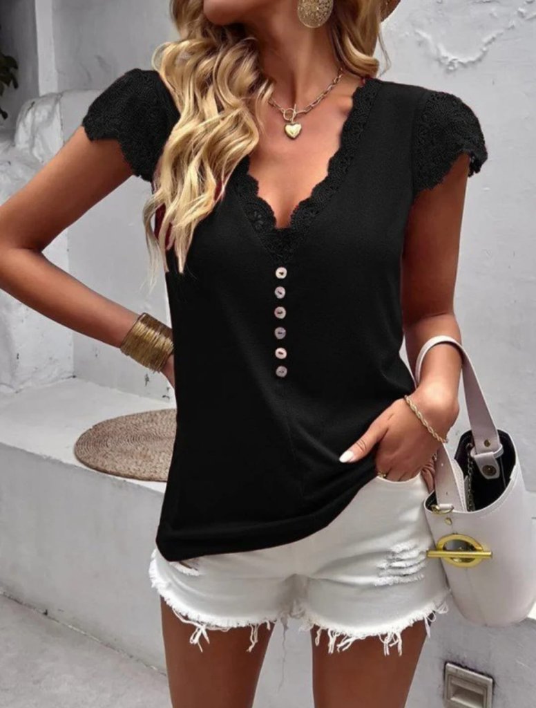Kadın Kısa Kollu V Yakalı Dantelli önden Düğmeli Viskon Bluz , 31634