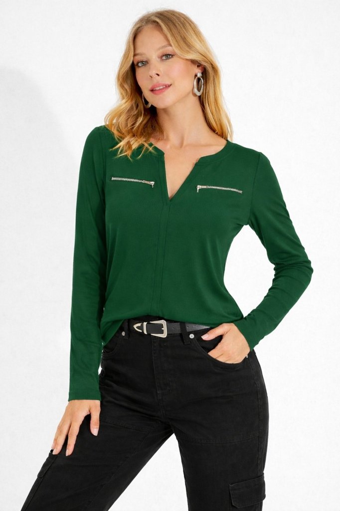 Kadın Uzun Kollu V Hakim Yaka Fermuar Detaylı Viskon Bluz , 31823