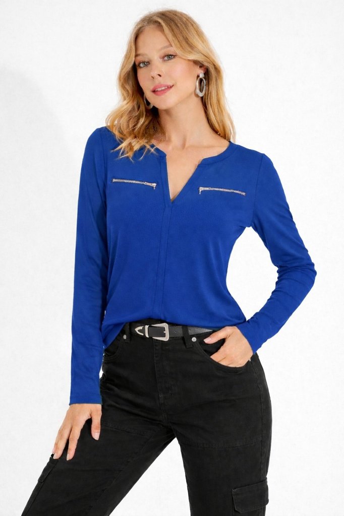 Kadın Uzun Kollu V Hakim Yaka Fermuar Detaylı Viskon Bluz , 31824