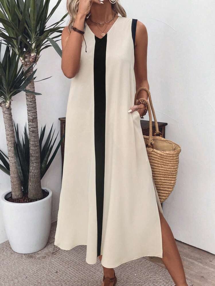 Kadın Askılı V Yakalı önden şerit Detaylı Yırtmaçlı Aerobin Uzun Elbise , 31684