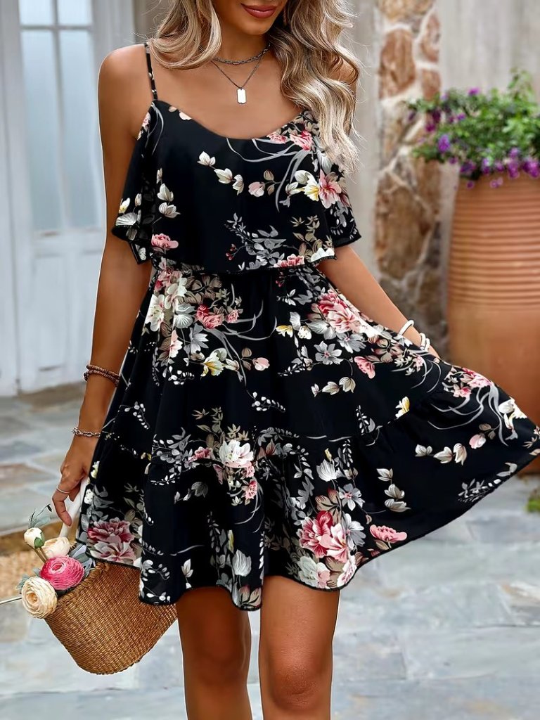 Kadın Askılı V Yakalı çiçek Desenli Mini Süprem Elbise , 31685