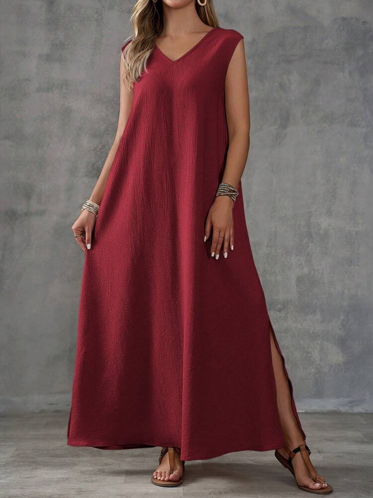 Kadın Askılı V Yakalı Yandan Yırtmaçlı Uzun Bürümcük Elbise , 31718