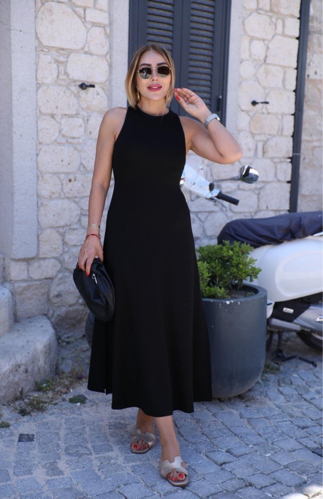 Kadın Omuzlardan Açık Arkadan Toka Detaylı Yırtmaçlı Uzun Viskon Elbise, 31762