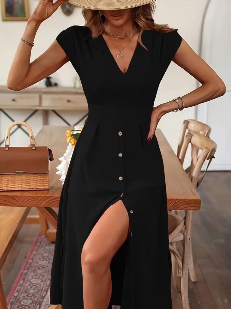 Kadın Kısa Kollu V Yakalı önden Düğmeli Midi Dokuma Viskon Elbise , 31778