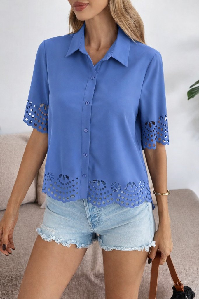 Kadın Kısa Kollu Yakalı önden Düğmeli Dubai Gömlek Bluz, 31795